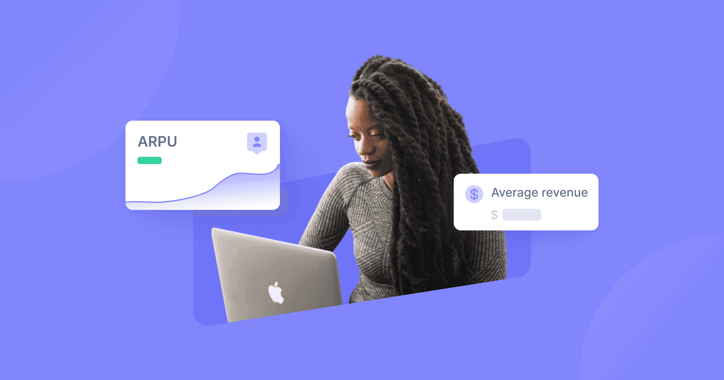 A woman on her laptop surrounded by ARPU and average ticket graphs