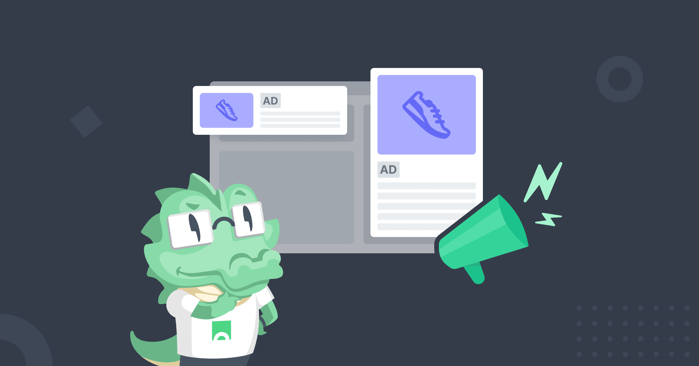 O mascote da Croct, um crocodilo, na frente de wireframes de anúncios atrás de uma ilustração de alto-falante.