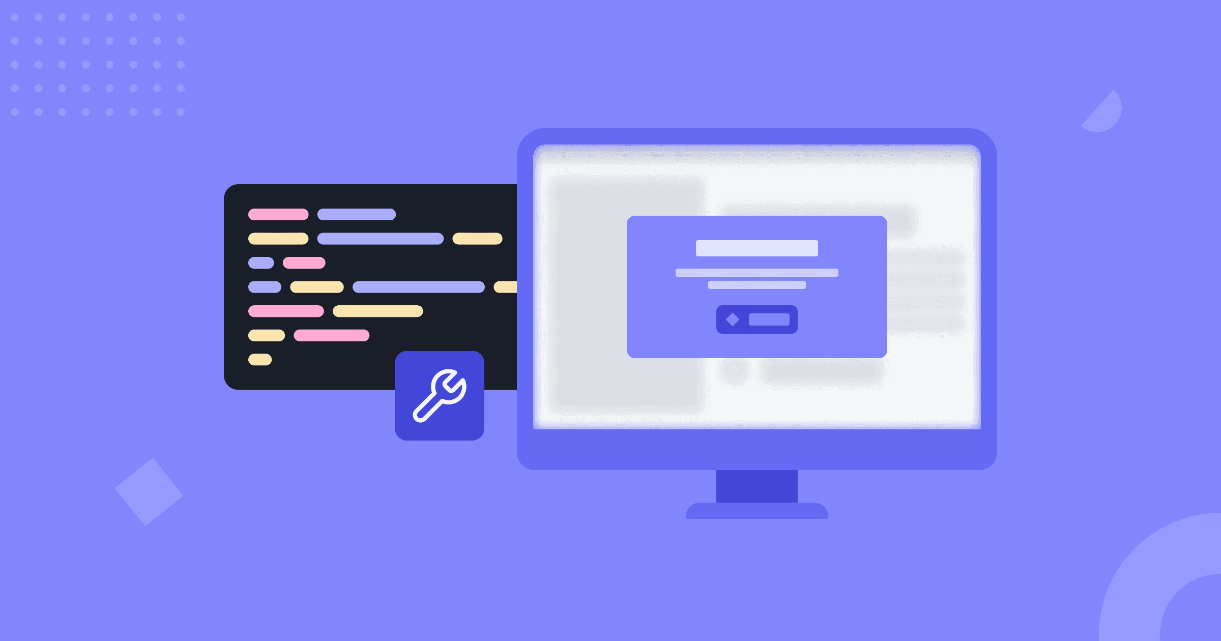 Image containing a wireframe with dark background representing a few lines of code, and a computer monitor with an exit pop-up on the screen.