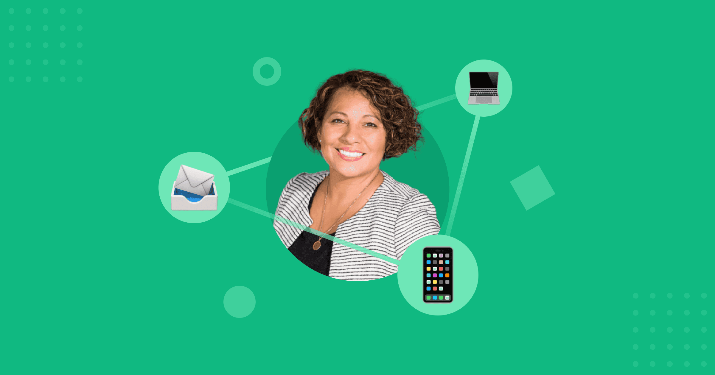 A user surrounded by emojis representing different devices and marketing touch points.