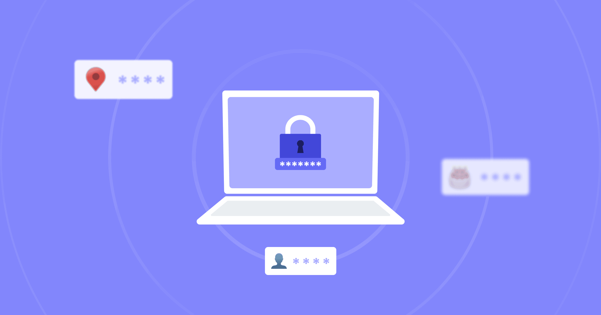 Image with a purple background showing an open laptop with a padlock on its screen surrounded by emojis representing anonymous user data.