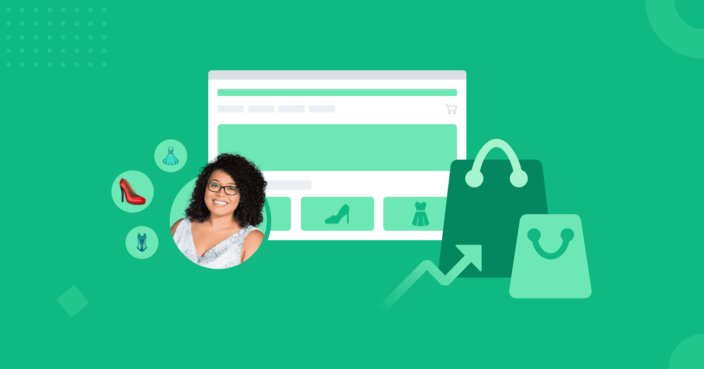 Avatar de mulher rodeada por emojis de roupas, um wireframe de site e ilustrações representando sacolas de compras