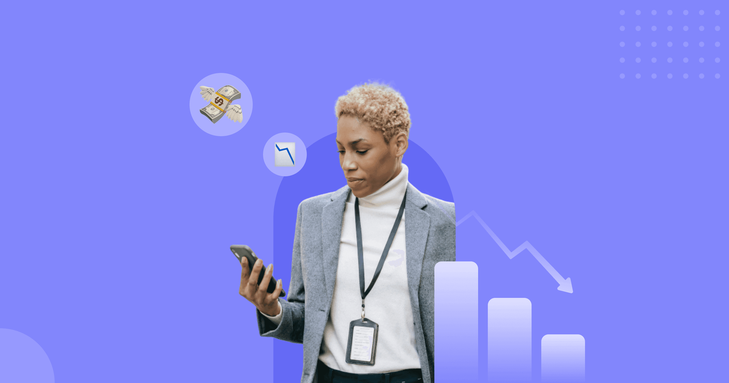 An image with a purple background containing a woman holding a cellphone and surrounded by a money and a performance graph emoji.